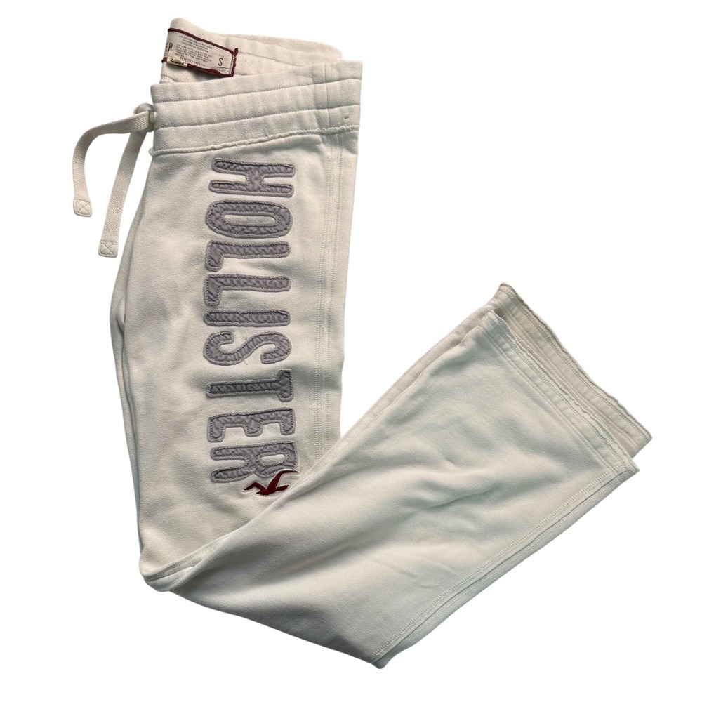 Hollister Women Small White Low Rise Sweatpants Logo Fleece Straight Leg Y2K